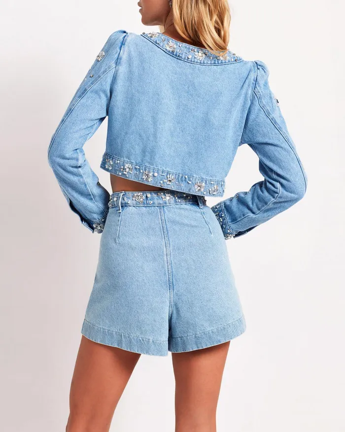 Jackets Women PatBO HandBeaded Cropped Denim Jacket