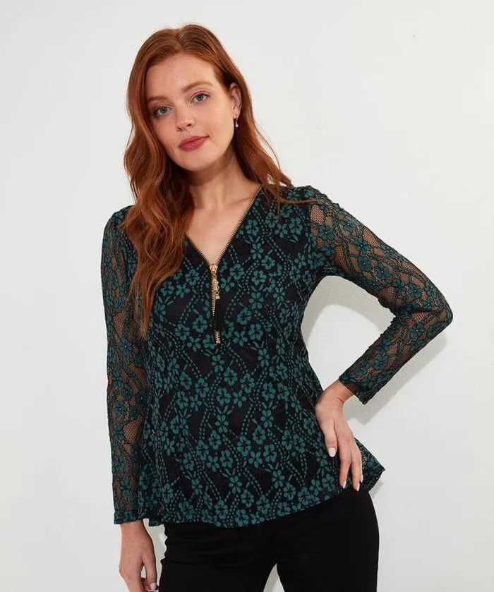 Joe Browns Tops Tunics and Blouses Women Georgie Lace Zip Top Teal