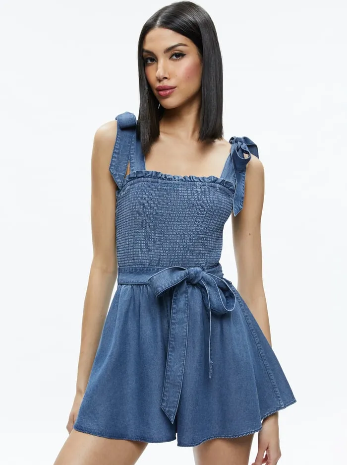 Jumpsuits Rompers Women Alice Olivia Roz Smocked Chambray Romper Medium Indigo Chambray