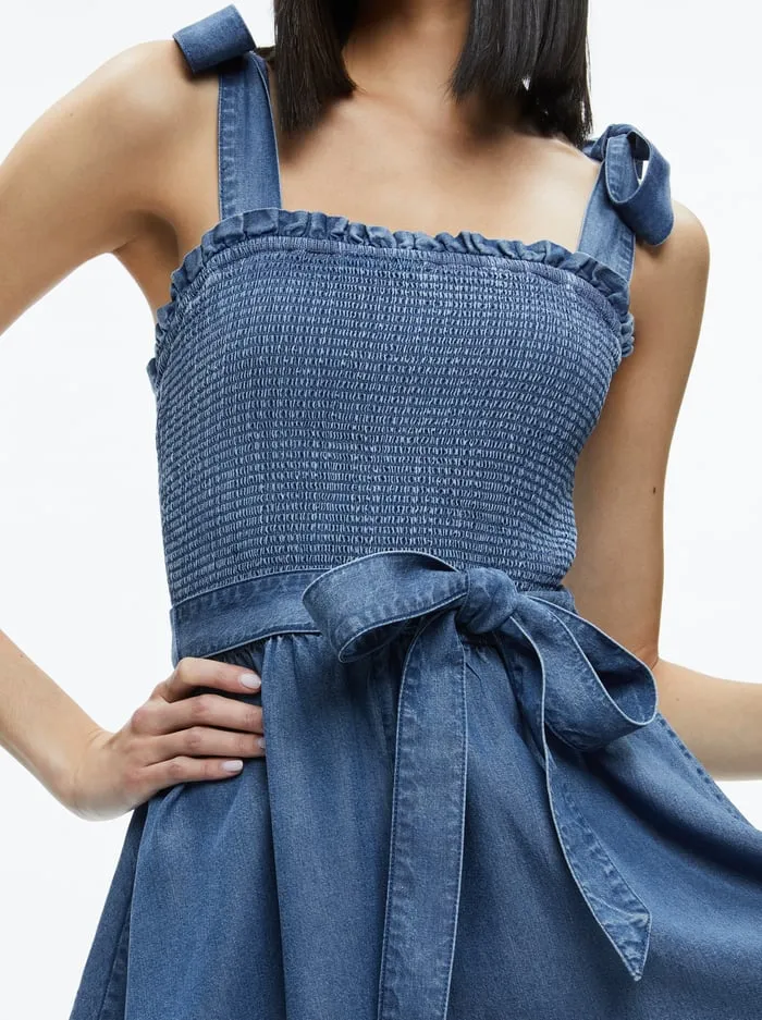 Jumpsuits Rompers Women Alice Olivia Roz Smocked Chambray Romper Medium Indigo Chambray