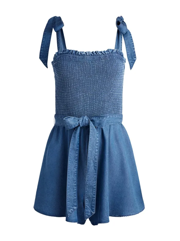 Jumpsuits Rompers Women Alice Olivia Roz Smocked Chambray Romper Medium Indigo Chambray