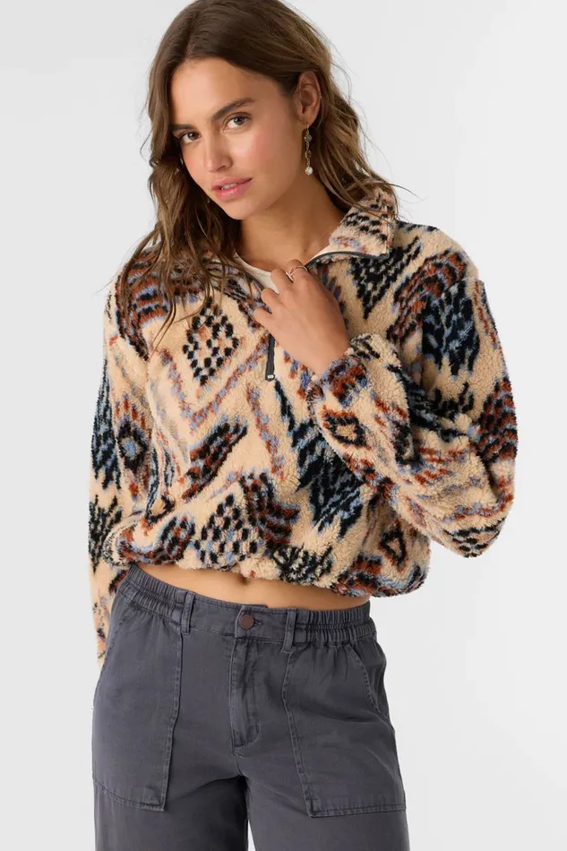KACEY PALMER PRINT HIGH PILE FLEECE PULLOVER Silver Blue Women O039NEILL Clothing