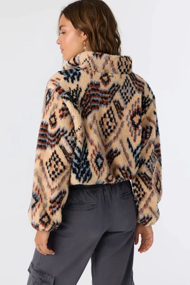 KACEY PALMER PRINT HIGH PILE FLEECE PULLOVER Silver Blue Women O039NEILL Clothing