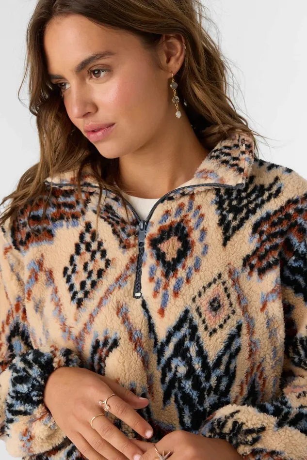 KACEY PALMER PRINT HIGH PILE FLEECE PULLOVER Silver Blue Women O039NEILL Clothing