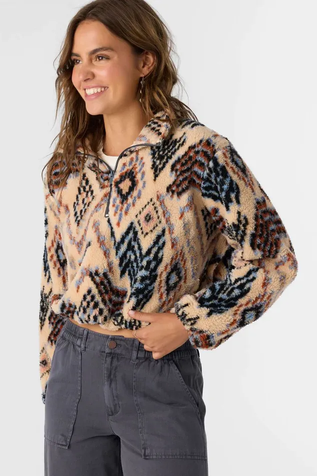 KACEY PALMER PRINT HIGH PILE FLEECE PULLOVER Silver Blue Women O039NEILL Clothing