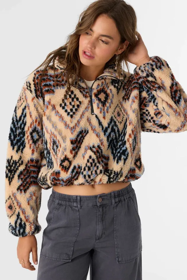 KACEY PALMER PRINT HIGH PILE FLEECE PULLOVER Silver Blue Women O039NEILL Clothing