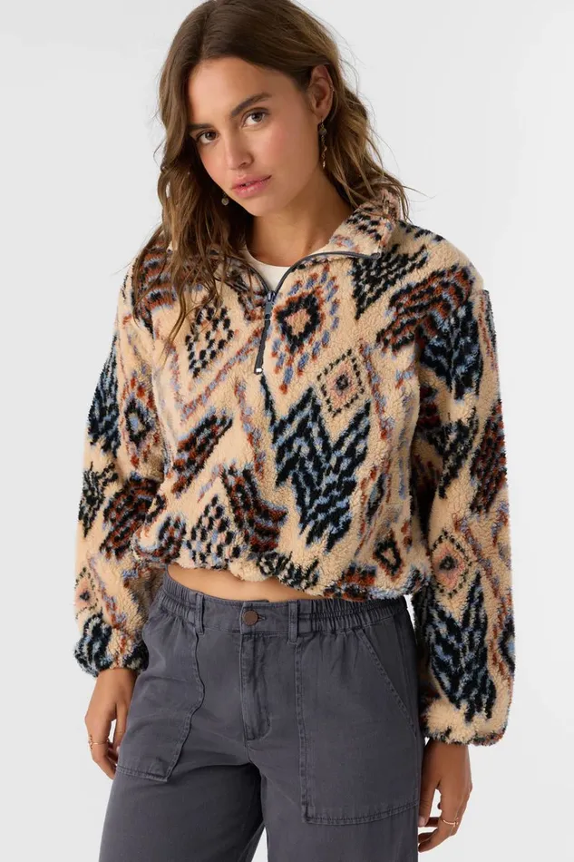 KACEY PALMER PRINT HIGH PILE FLEECE PULLOVER Silver Blue Women O039NEILL Clothing