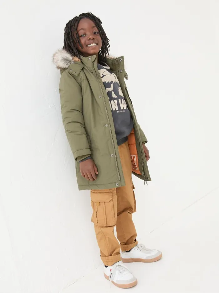 Kids Coats and Jackets Fat Face Easdale Khaki Green Hooded Parka Jacket