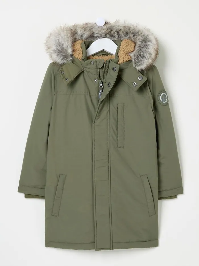 Kids Coats and Jackets Fat Face Easdale Khaki Green Hooded Parka Jacket