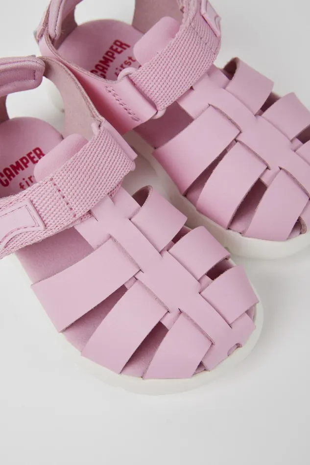 Kids Oruga Pink Leather And Textile Sandals Camper Hook And Loop