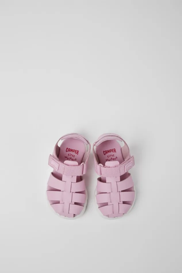 Kids Oruga Pink Leather And Textile Sandals Camper Hook And Loop Kids Oruga Pink Leather And Textile Sandals Camper Hook And Loop