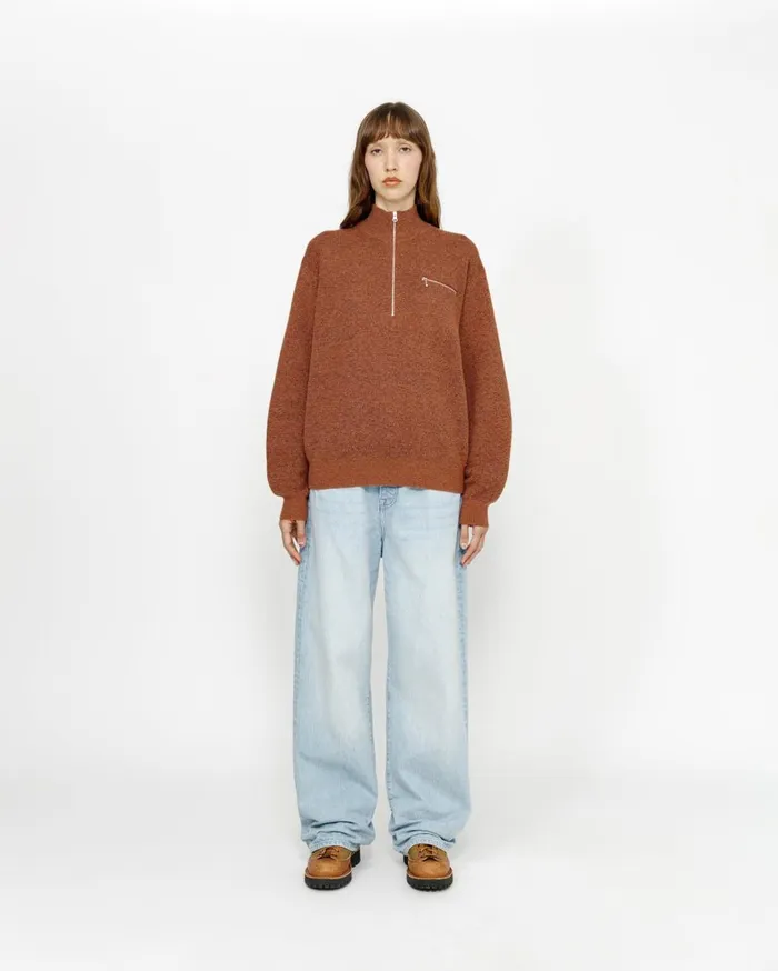 Knits MenWomen Stussy HALF ZIP MOCK NECK SWEATER Clay
