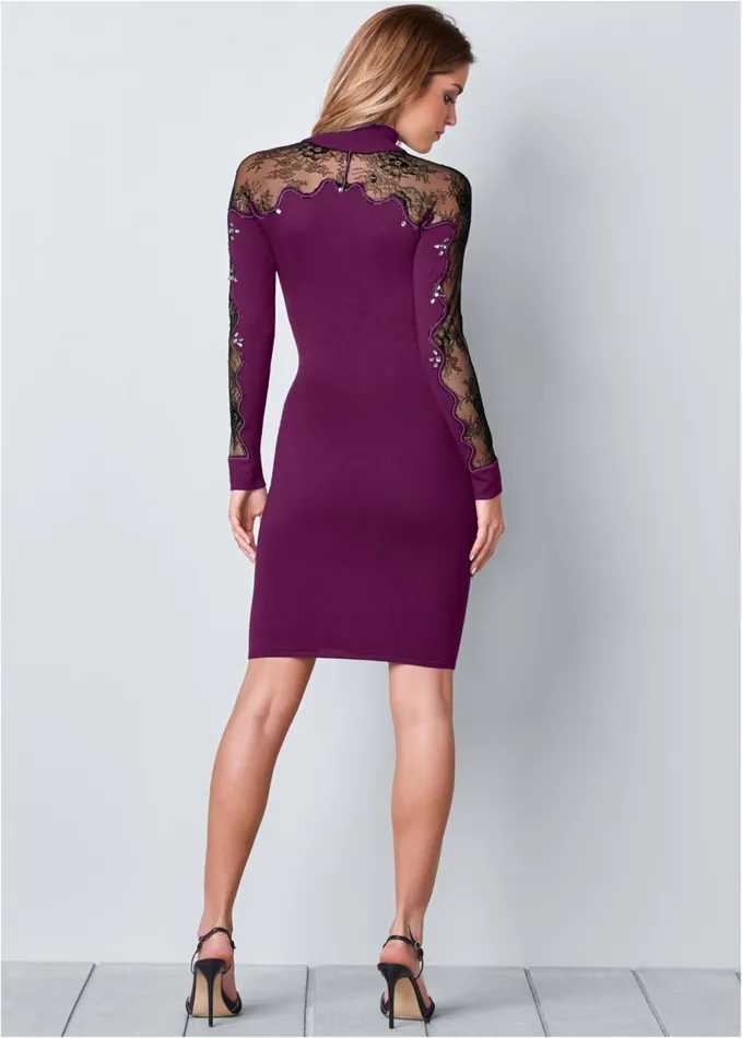 LACE DETAIL SWEATER DRESS Dark Purple and Black Women VENUS Midi Dresses