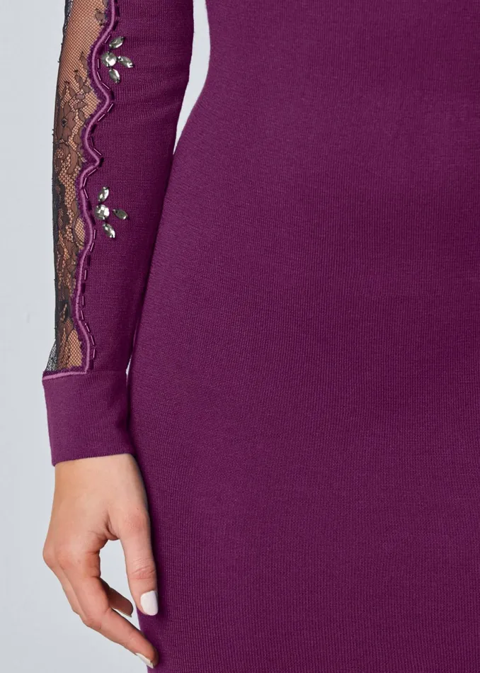 LACE DETAIL SWEATER DRESS Dark Purple and Black Women VENUS Midi Dresses