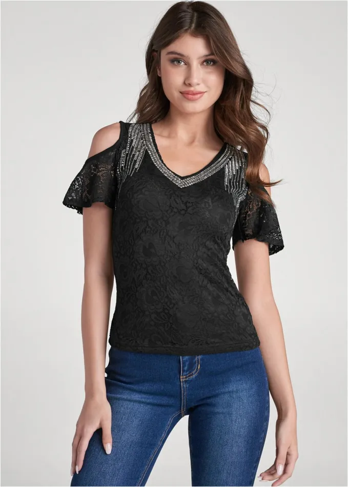 LACE EMBELLISHED TOP Black Women VENUS Night Out Tops