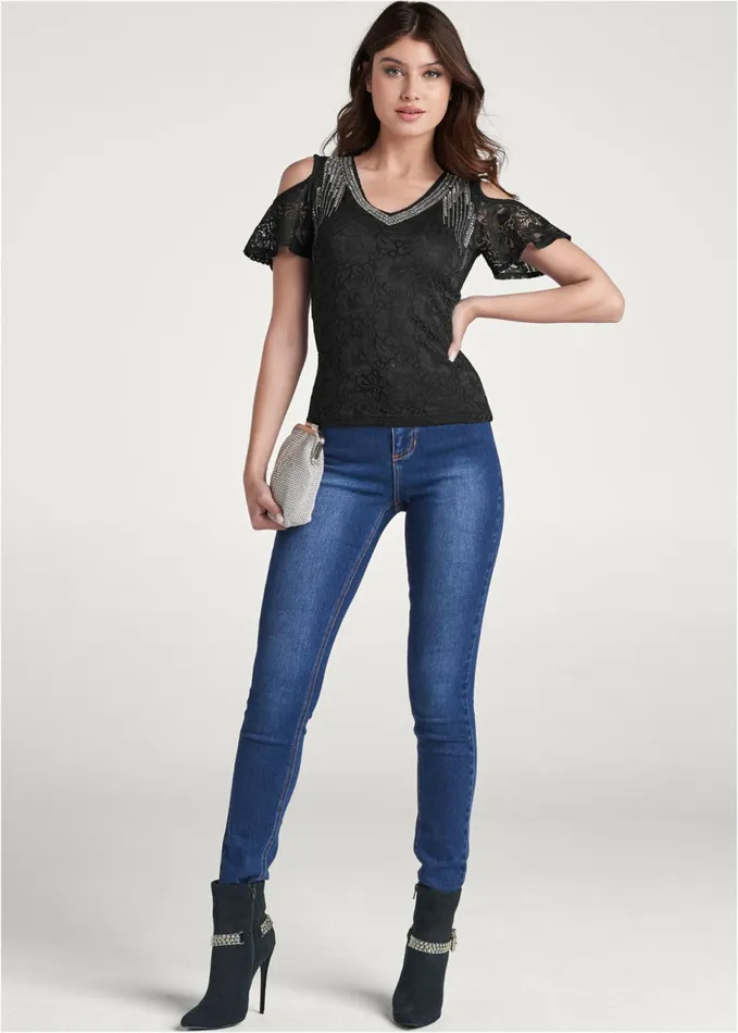 LACE EMBELLISHED TOP Black Women VENUS Night Out Tops