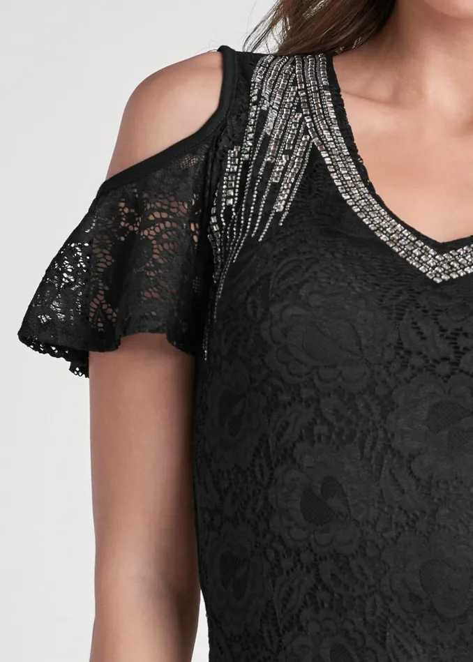LACE EMBELLISHED TOP Black Women VENUS Night Out Tops