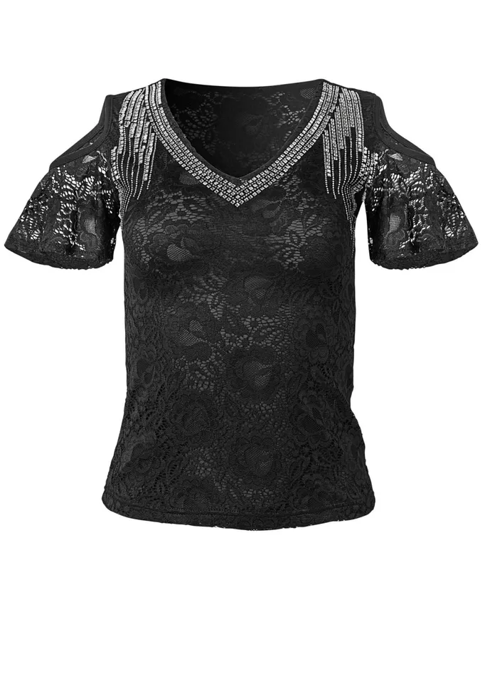 LACE EMBELLISHED TOP Black Women VENUS Night Out Tops