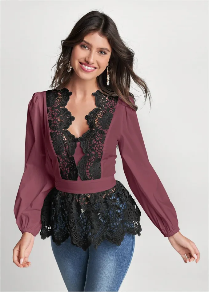 LACE PEPLUM BLOUSE Wine and Black Women VENUS Blouses
