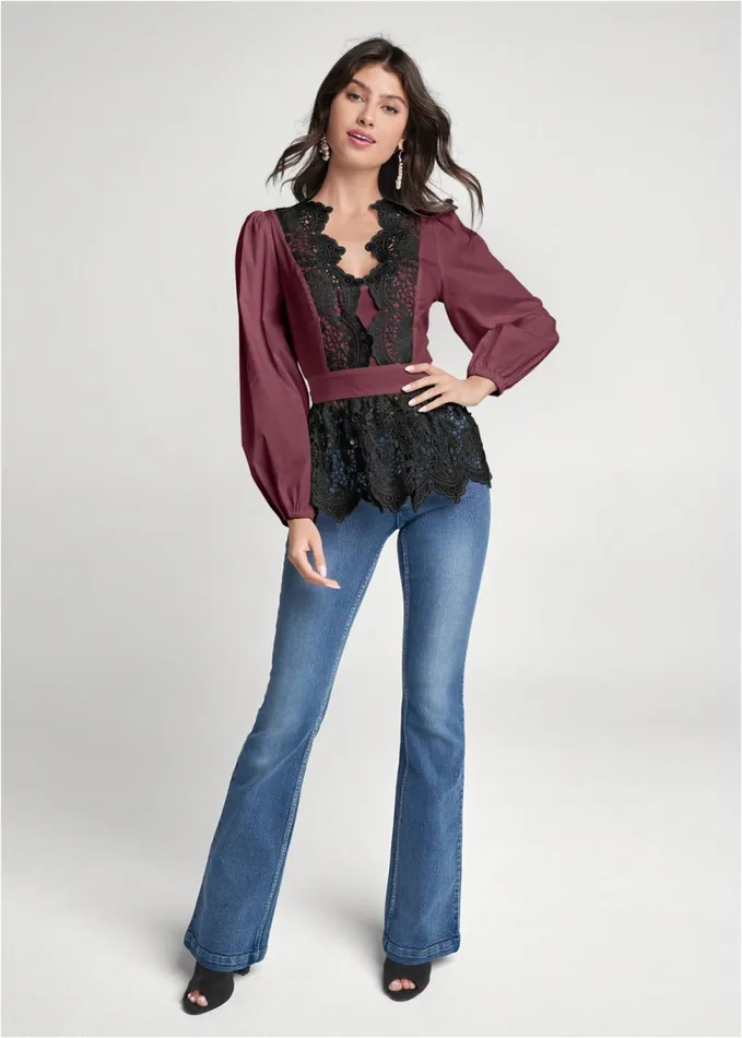LACE PEPLUM BLOUSE Wine and Black Women VENUS Blouses