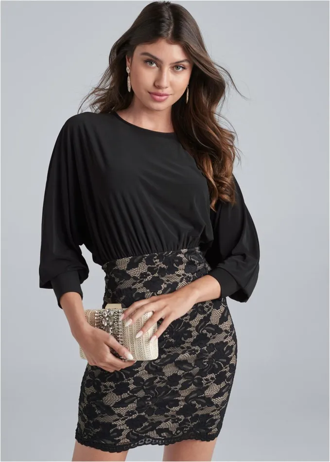 LACE TWOFER DRESS Black and Nude Women VENUS Party Dresses