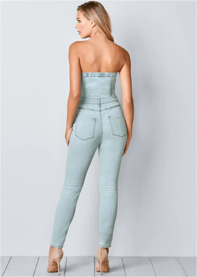 LaceUp Denim Jumpsuit Light Wash Women VENUS Casual Jumpsuits and Rompers