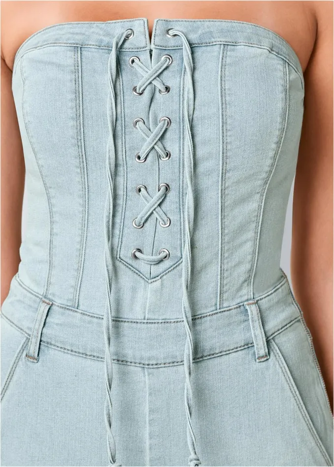 LaceUp Denim Jumpsuit Light Wash Women VENUS Casual Jumpsuits and Rompers