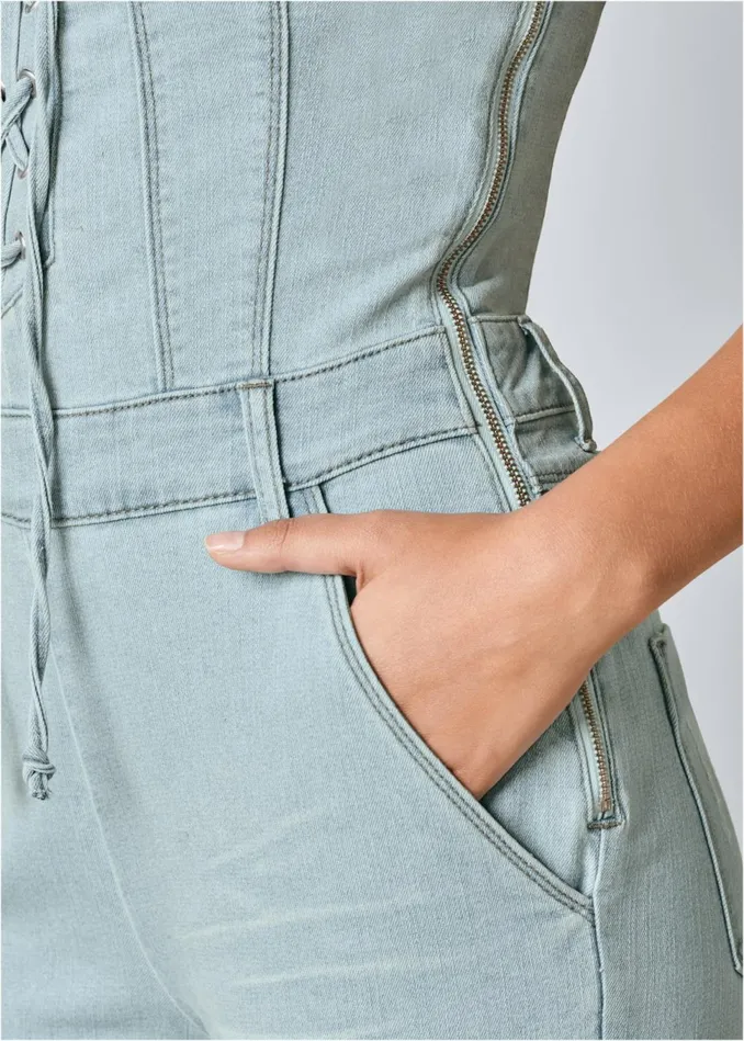 LaceUp Denim Jumpsuit Light Wash Women VENUS Casual Jumpsuits and Rompers
