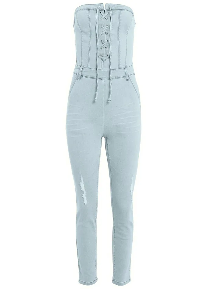 LaceUp Denim Jumpsuit Light Wash Women VENUS Casual Jumpsuits and Rompers