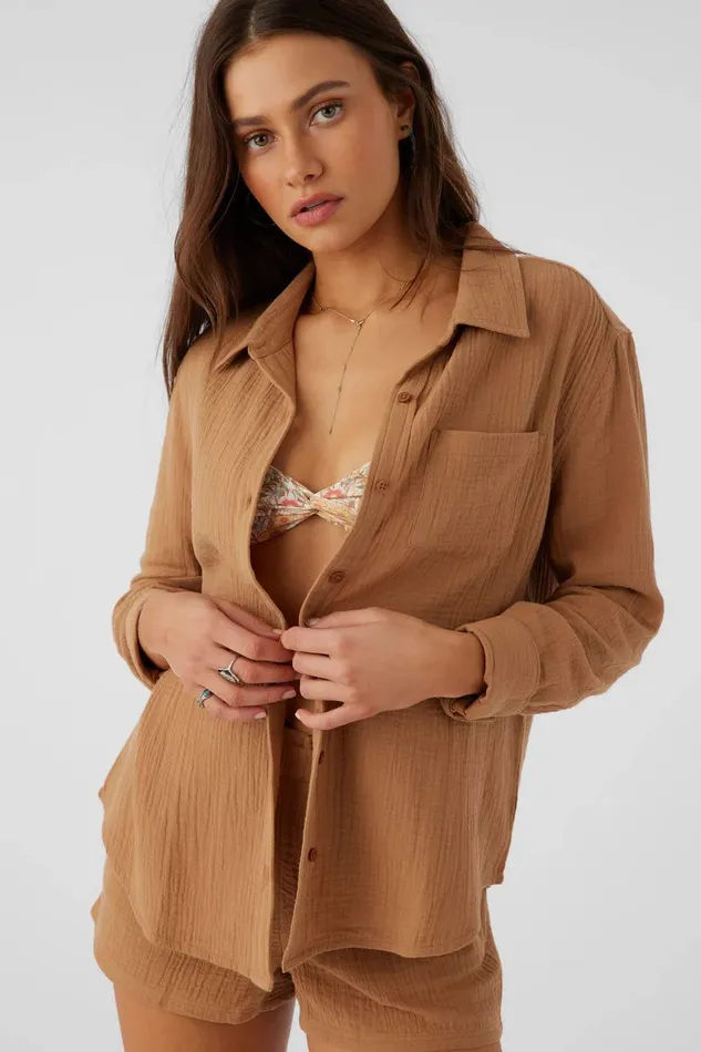 LENI CRINKLE DOUBLE GAUZE BUTTON DOWN SHIRT Tobacc Brw Women O039NEILL Collections