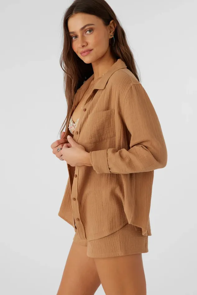LENI CRINKLE DOUBLE GAUZE BUTTON DOWN SHIRT Tobacc Brw Women O039NEILL Collections