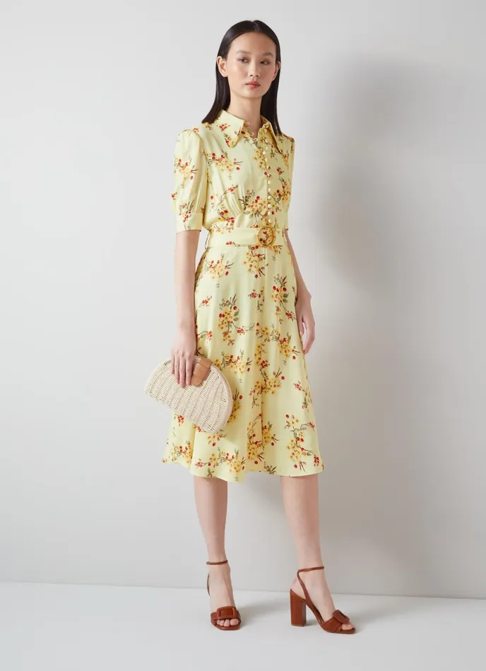 LK Bennett Amor Yellow And Red Cherry Blossom Print Crepe Dress Women Dresses