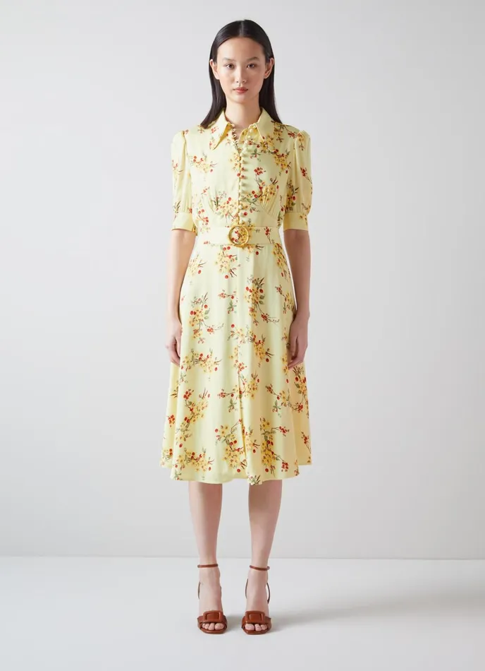 LK Bennett Amor Yellow And Red Cherry Blossom Print Crepe Dress Women Dresses