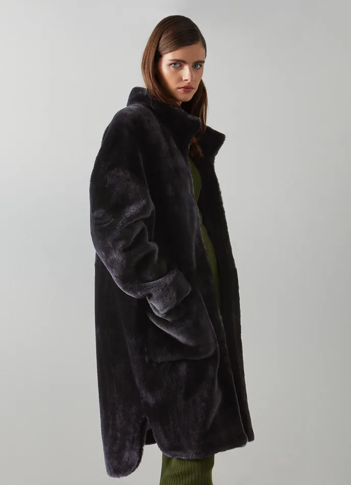 LK Bennett Bergen Navy Shearling Coat Women Coats and Jackets