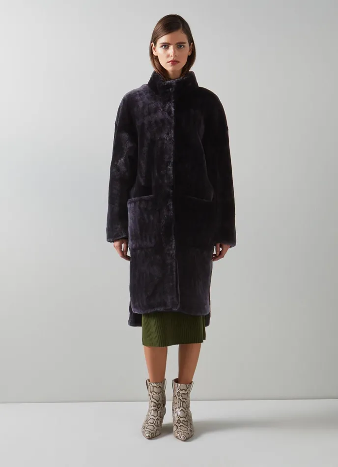 LK Bennett Bergen Navy Shearling Coat Women Coats and Jackets