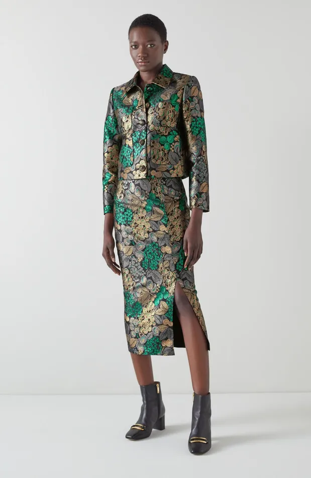 LK Bennett Charlotte Metallic Fruit Brocade Jacket Women Coats and Jackets