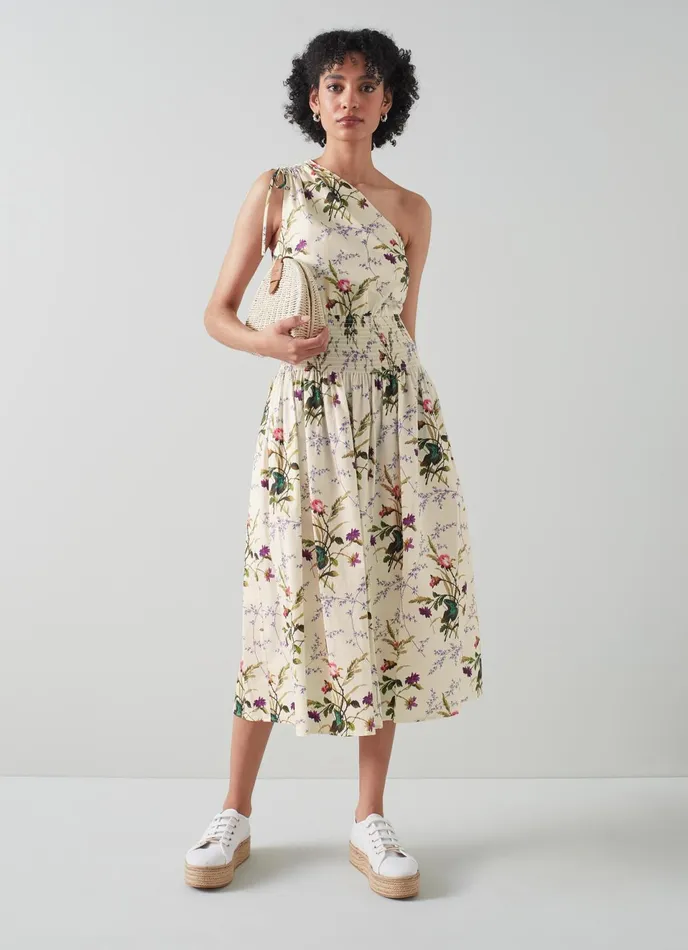 LK Bennett Clarice Cream Meadow Scene Cotton OneShoulder Dress Women Dresses