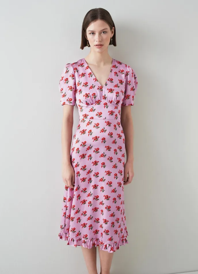 LK Bennett Elson Lilac Silk Primula Print Dress Women Dresses