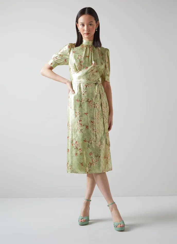 LK Bennett Finch Green Metallic Cherry Blossom Print Silk Dress Women Dresses