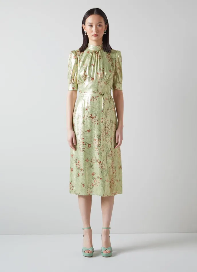LK Bennett Finch Green Metallic Cherry Blossom Print Silk Dress Women Dresses