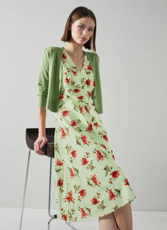 LK Bennett Gabbi Green And Pink Giant Poppy Print Stretch Silk Dress Women Dresses