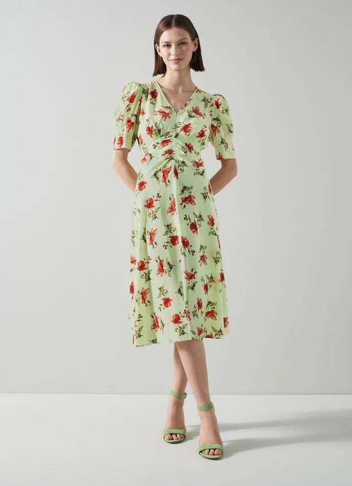 LK Bennett Gabbi Green And Pink Giant Poppy Print Stretch Silk Dress Women Dresses