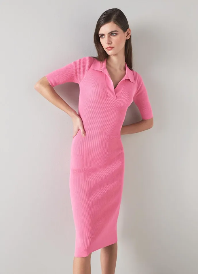 LK Bennett Heidi Pink CottonBlend Rib Knit Dress Women Dresses