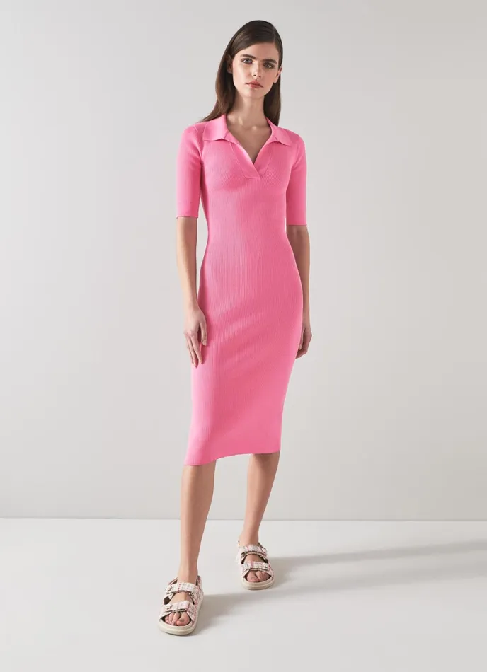 LK Bennett Heidi Pink CottonBlend Rib Knit Dress Women Dresses