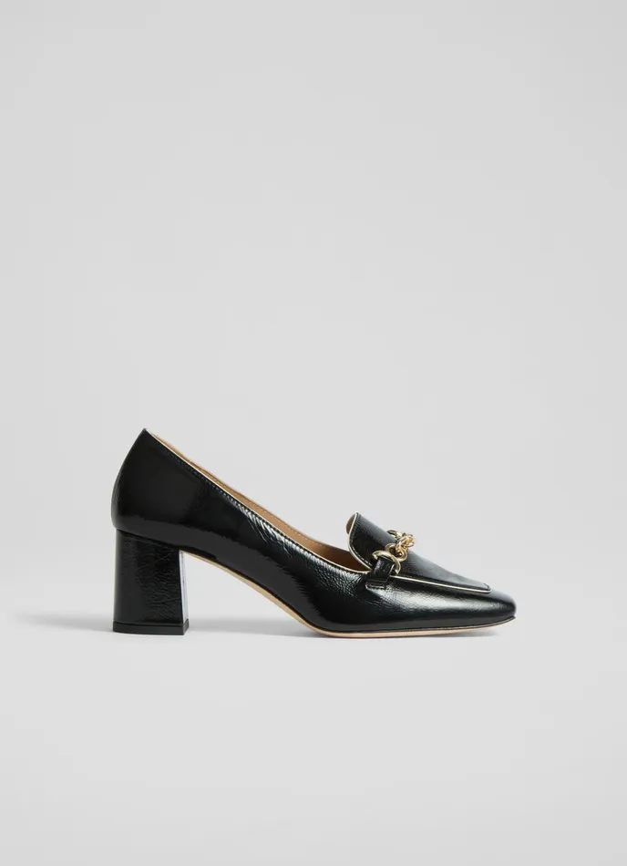 LK Bennett Johanna Black Crinkle Patent Leather Snaffle Courts Women Court Shoes