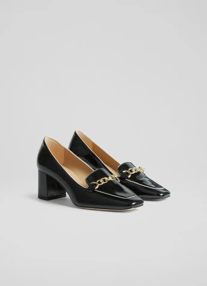 LK Bennett Johanna Black Crinkle Patent Leather Snaffle Courts Women Court Shoes