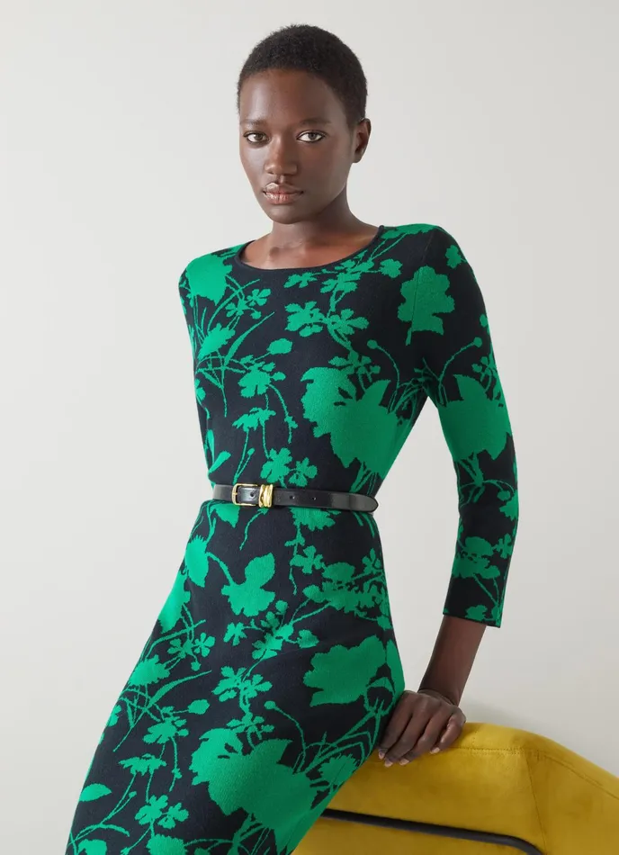 LK Bennett Joni Navy And Green CottonSustainably Sourced Merino Dress Women Dresses