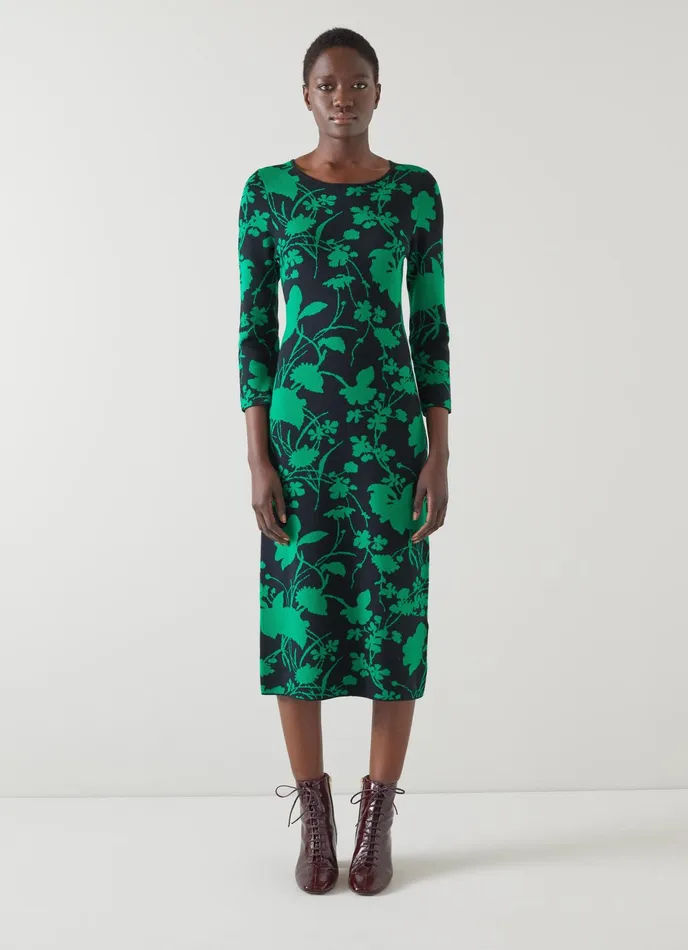 LK Bennett Joni Navy And Green CottonSustainably Sourced Merino Dress Women Dresses