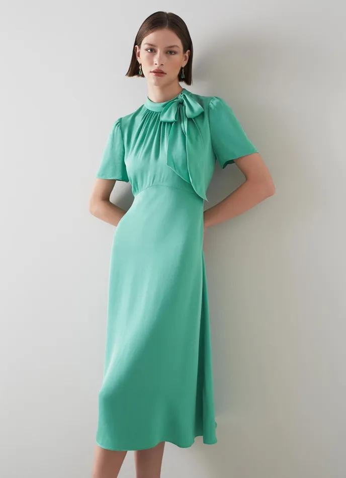LK Bennett Kline Jade Crepe TieNeck Midi Dress Women Dresses