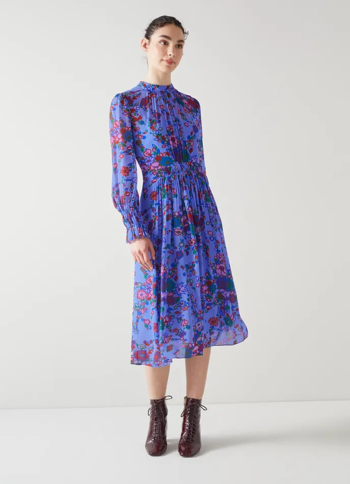 LK Bennett Louise Blue Naive Floral Print Midi Dress Women Dresses